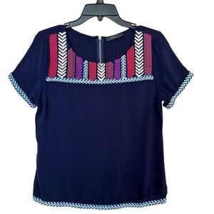 THML Women's Top S Embroidered Short Sleeve Boho Back Zip Closure Western Rodeo